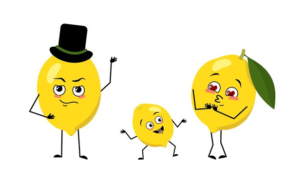 Vector family of cute lemon characters with joyful emotions smiling face happy eyes arms and legs mom is ha...