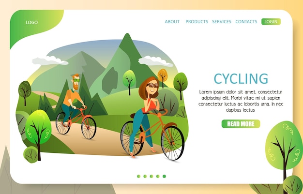 Family cycling landing page website vector template