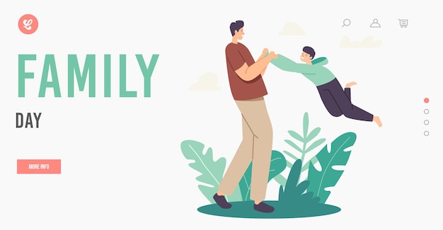 Family Day Landing Page Template. Happy Dad Character Whirling and Spinning Son Around Up in Air, Father Playing with Child. Family Outdoor Fun, Weekend Leisure. Cartoon People Vector Illustration