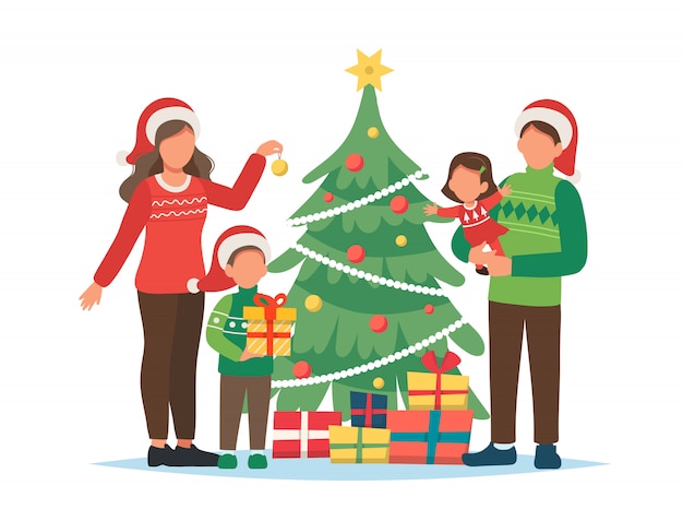 Family decorating Christmas tree illustration