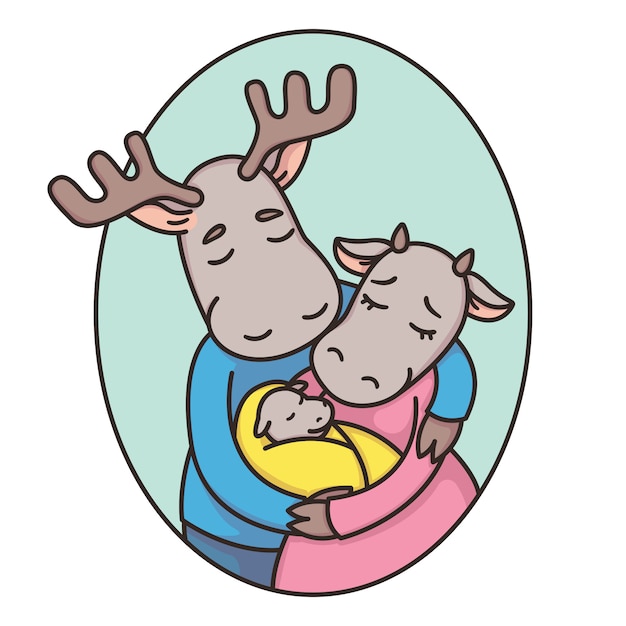 Family of deer or moose in an oval frame. Dad, mom, newborn. Father, mother and baby. True love.