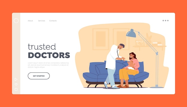 Family Doctor Baby Checkup Landing Page Template. Pediatrician Doctor Character Examine Sick Child with Mom at Home, Neonatologist with Stethoscope Appointment. Cartoon People Vector Illustration