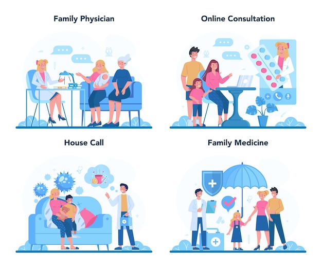 Vector family doctor and general healthcare concept set. idea of doctor taking care about patient health. medical treatment and recovery. illustration in cartoon style