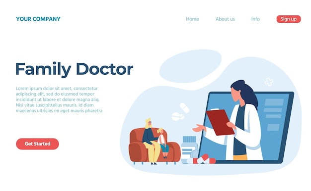 Family doctor online, landing page clinic remotely. Doctor consultation about health, professional medicine, medical clinic or hospital. Vector illustration