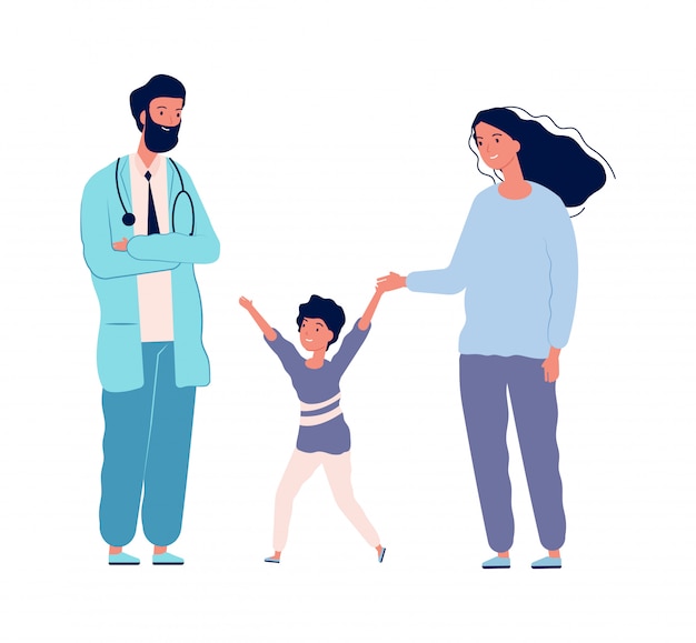 Family doctor. Pediatrician hospital happy boy with mother. Medical center visiting, flat little patient health prevention illustration