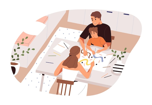 Vector family drawing picture on paper vector flat illustration. mother, father and son enjoying art activity holding colorful pencils isolated on white. people spending time together at home during hobby.