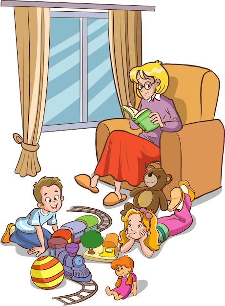 family drawing.woman reading book and kids playing cartoon vector