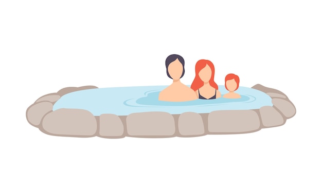 Family enjoying outdoor thermal spring mother father and child relaxing in hot water in bath tub vector Illustration isolated on a white background