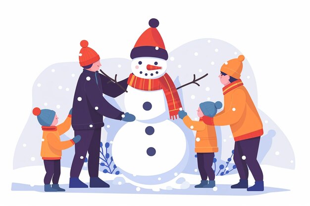 Vector family enjoying snowman building together