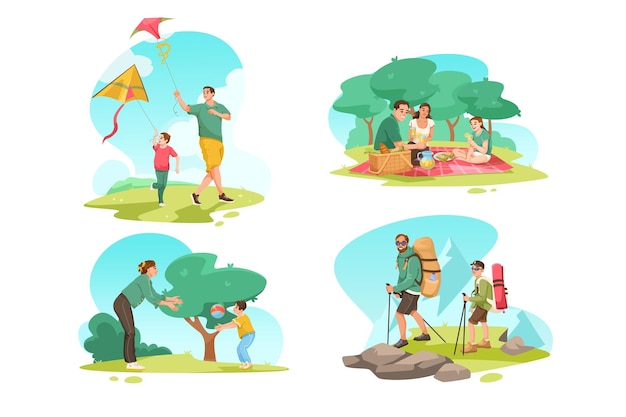 Vector family enjoying various outdoor activities in nature vector illustration