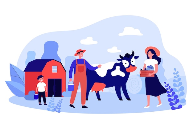 Family of farmers and cow on rustic farm. Woman holding box with harvest flat vector illustration. Family organic milk production, farming concept for banner, website design or landing web page