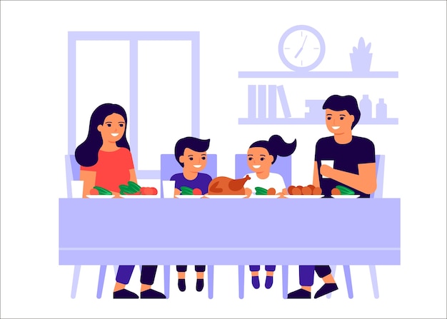 Family father, mother and children are sitting together at table, talking and eating. Happy family celebrate holiday and eat turkey. Men, women and kids taste food at home.  flat illustration