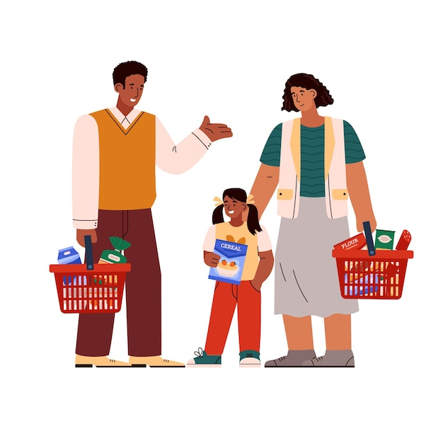 Family fills baskets with expensive groceries flat vector illustration isolated