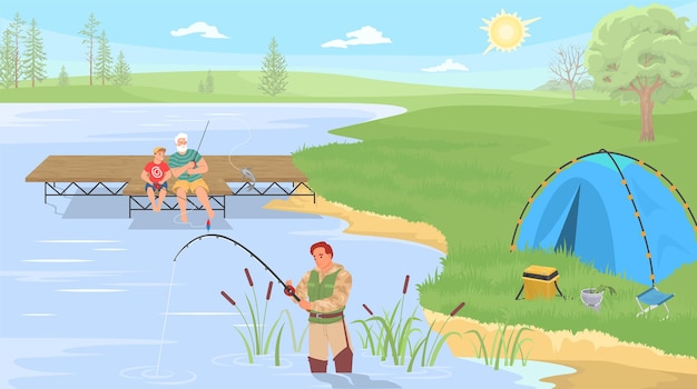 Vector family fishing spend time together cartoon vector