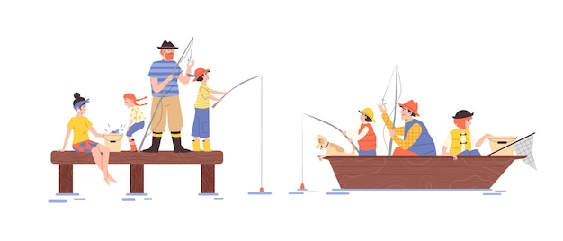 Family fishing together from boat and bridge flat vector illustration isolated