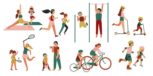 Family fitness icon set with isolated characters of teenage kids parents doing different kinds of sports vector illustration