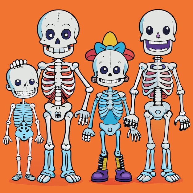 Vector a family of four cartoon skeletons standing together on an orange background