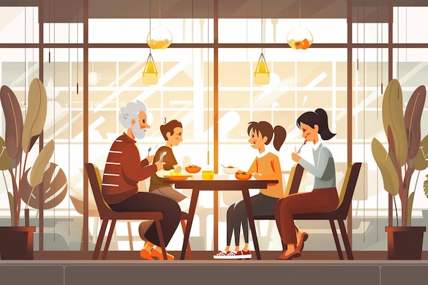 Vector family of four eating at table