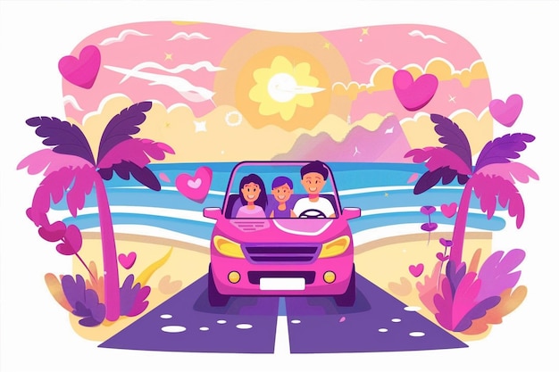 Vector family of four smiling while driving