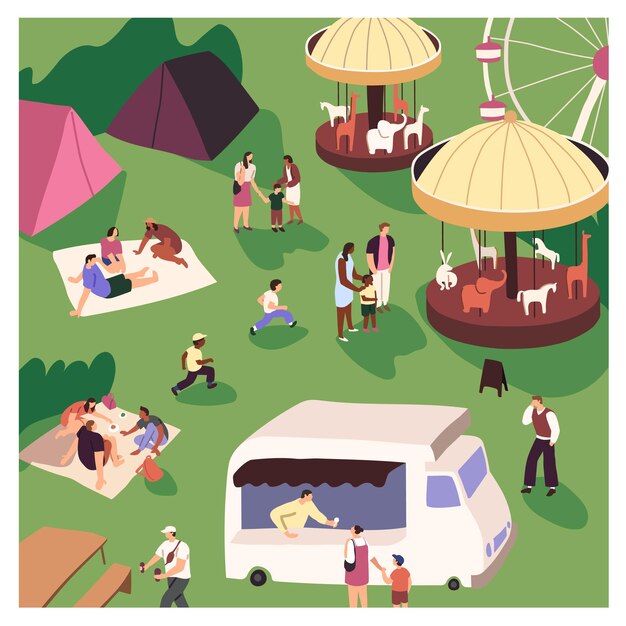 Vector family funfair in amusement park people camping have a picnic eating ice cream from food truck fun on attractions carrousel summer entertainment on festive holidays flat vector illustration