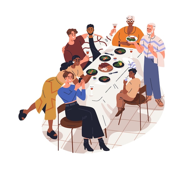 Family gathering together at dinner table Happy old and young people celebrating holiday festive eating and drink Home celebration Flat graphic vector illustration isolated on white background