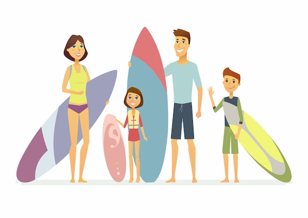 Family goes surfing - cartoon people characters isolated illustration on white background. Young happy parents standing with smiling children ready to go to the sea wearing wet suits