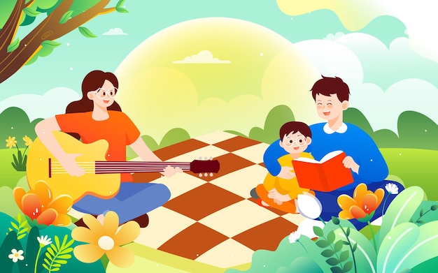 Family going out for a picnic in spring with forest and flowers in the background, vector