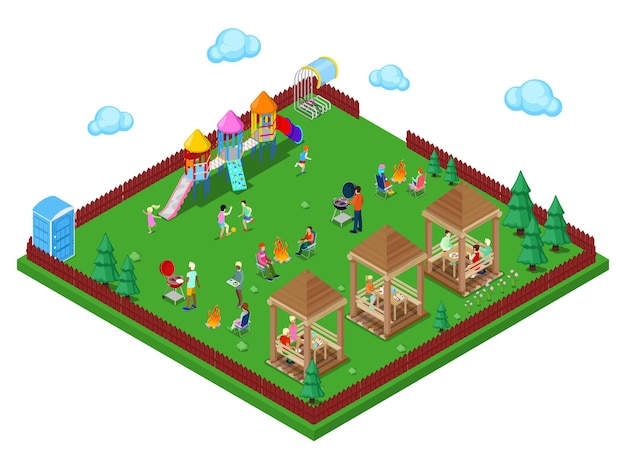 Family Grill BBQ Area in the Forest with Children Playground and Active People Cooking Meat. Isometric City. Vector illustration