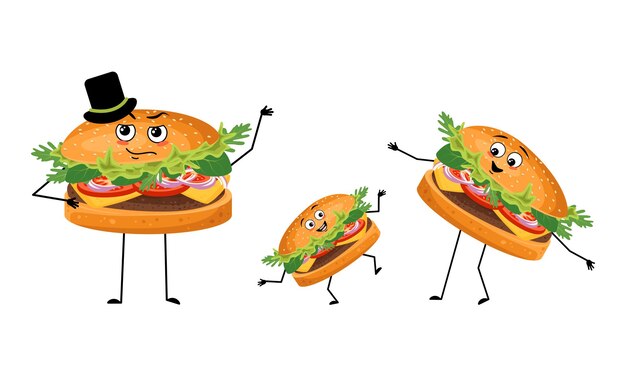 Vector family of hamburger characters with happy emotions smile face happy eyes arms and legs mom is happy ...