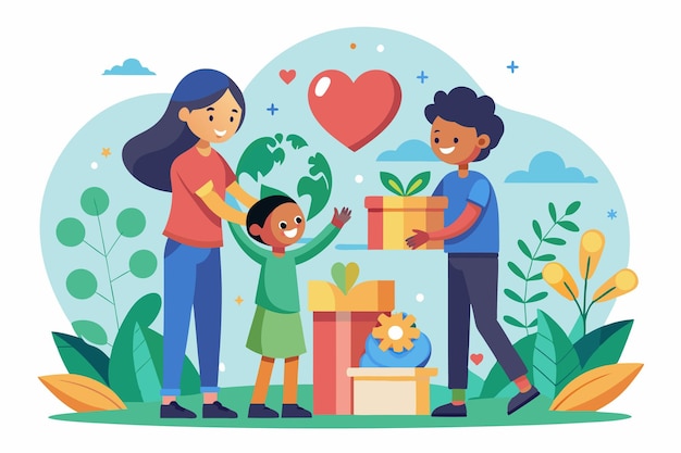 Vector a family happily shares gifts with a child promoting kindness and generosity amidst a vibrant green backdrop filled with plants and hearts