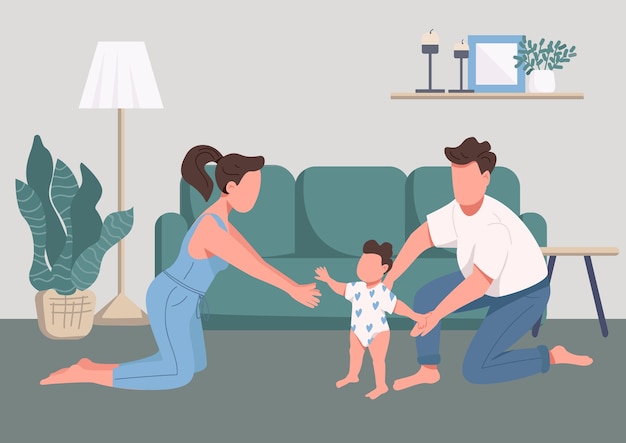 Family happy moments flat color illustration. Childcare and parenthood. Baby first steps. Young mother, father and child 2D cartoon characters with living room interior on background