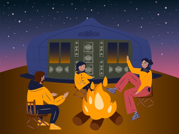 Family having barbecue in front on yurt starry night Premium Vector