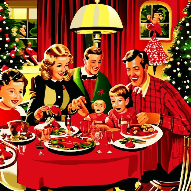 family having a holiday dinner together in retro 1950s style vector illustration