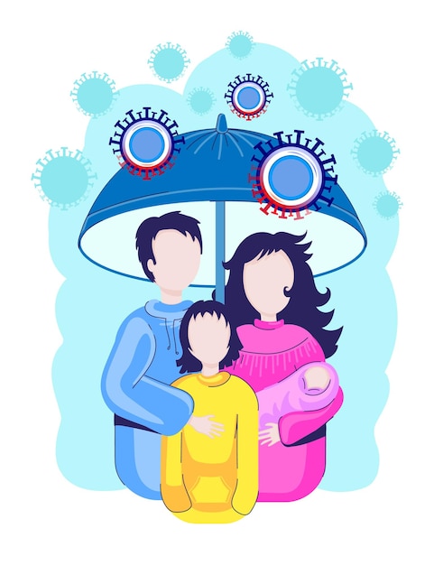 Family health concept.Protection against viruses and diseases. Security shield. Health Care banner.A family protects itself from the virus. The umbrella symbolizes protection against the epidemic.