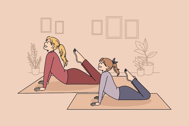 Family healthy lifestyle and yoga concept. Positive mother and daughter practicing yoga pilates or stretching at home together vector illustration