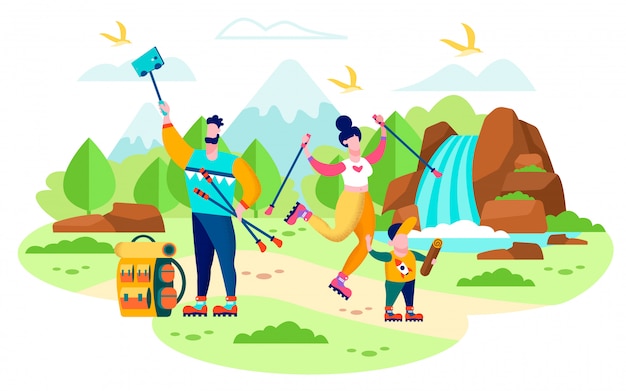 Family Hiking in Mountains Flat Vector Concept