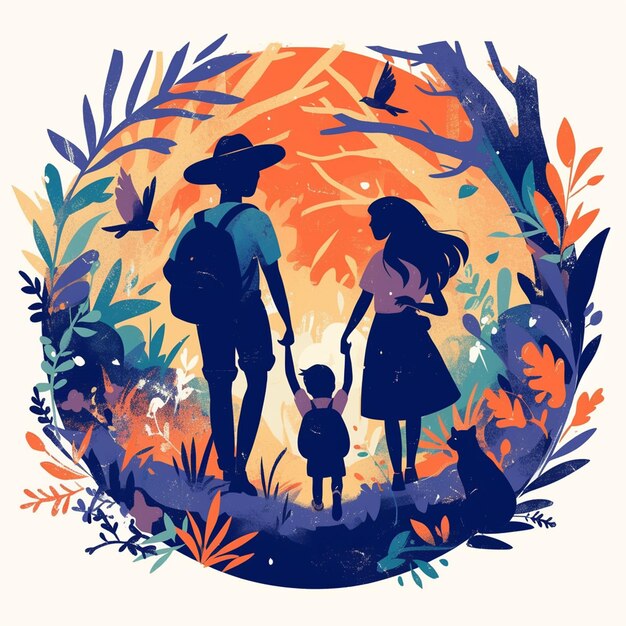 Vector family hiking through a lush forest trail