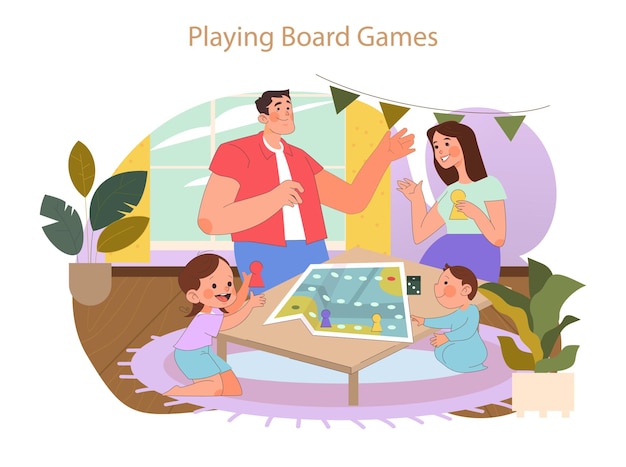 Family hobbies concept cheerful interaction with board games fostering strategic thinking and family