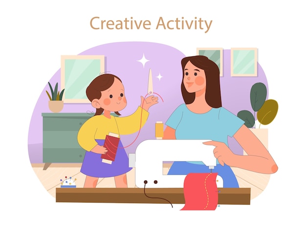 Vector family hobbies concept heartfelt moments of a child learning to sew with a parent highlighting the