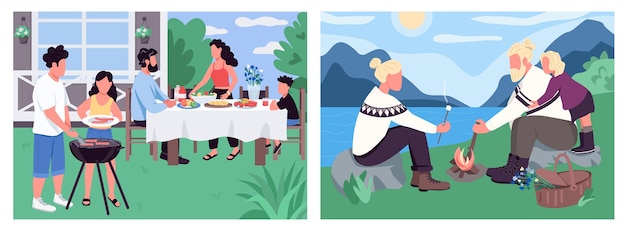 Family holiday flat color  set. Children and parent eat barbecue. People camping and roast marshmellow. Recreational 2D cartoon landscape with nature on background collection