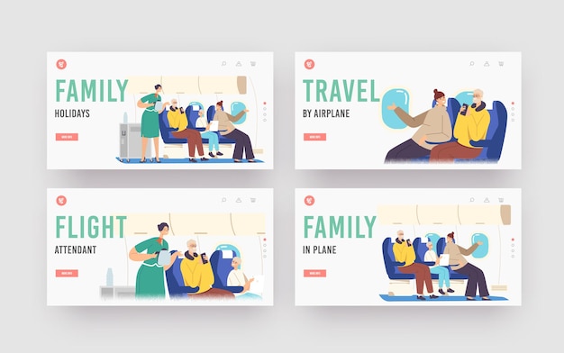 Family Holidays Landing Page Template Set. Flight Attendant Serving Passengers in Airplane Salon. Stewardess in Uniform Holding Teapot Bringing Drink to Characters. Cartoon People Vector Illustration