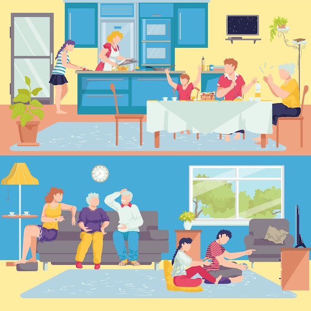 Family at home interior banners set of parents, grandparents and children in room, kitchen  illustration. Happy family together on sofa, eating dinner. Mother and daughter cooking food.