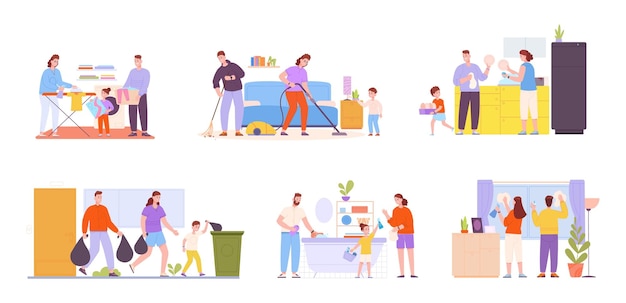 Family housework Helpful kids help parents cleaning house child helping home routine laundry bathroom closet kitchen happy kid with vacuum or mop splendid vector illustration