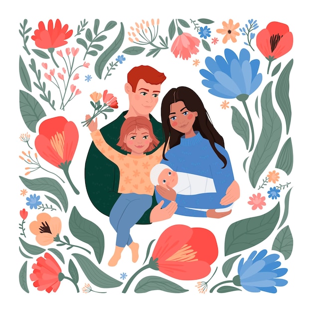 The family hugs Father mother daughter and newborn baby Warm cute modern illustration