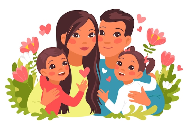 Family hugs Happy parents and children characters portrait Cartoon embracing people and flowers Dad and mom together with son and daughter Relatives relationship Vector concept