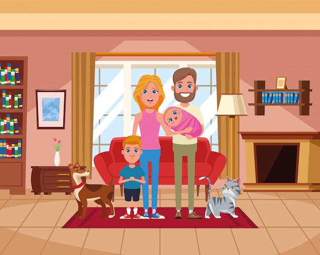 Family inside home scenery cartoons