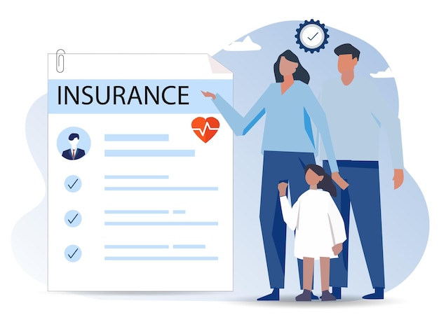 Vector family insurance concept of life insurance protection of health and life of children with document of insurance for travel or vacation healthcare and medical service vector illustration