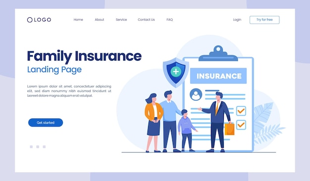 Family insurance policy health protection claim insurance flat illustration vector landing page