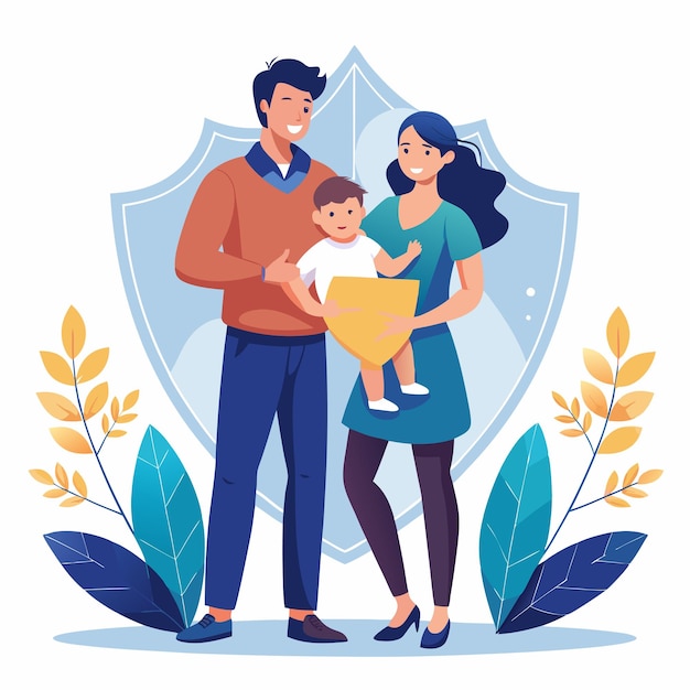 a family is holding a baby and a shield with the word quot family quot on it