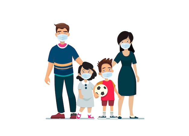 Family is protecting their children and are wearing masks and stop the spread of viruses. Dad Mom Daughter Son wearing a surgical mask.